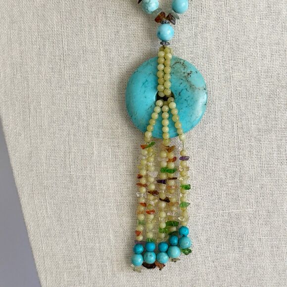 Turquoise Donut Chunky Natural Stone Bohemian Necklace Citrine Amber Sterling - Picture 8 of 12